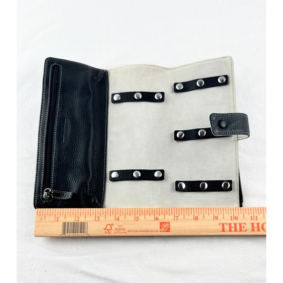 Levenger Black Leather Travel Jewelry Roll Wrap Case Tri-Fold Zipper Compartment - Picture 6 of 16